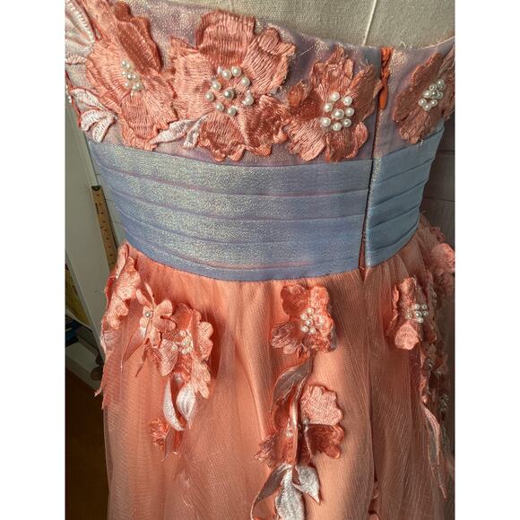 Vintage 50s Embroidered Beaded Tulle Ballgown 6 Strapless Dress Full Skirt Peach - Picture 6 of 10